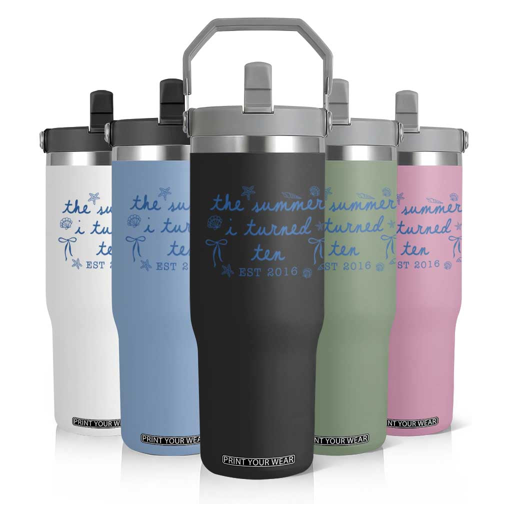The Summer I Turned Ten Funny 10th Birthday Est 2016 Flip Straw Tumbler Summer Coastal Birthday Seashell Bow