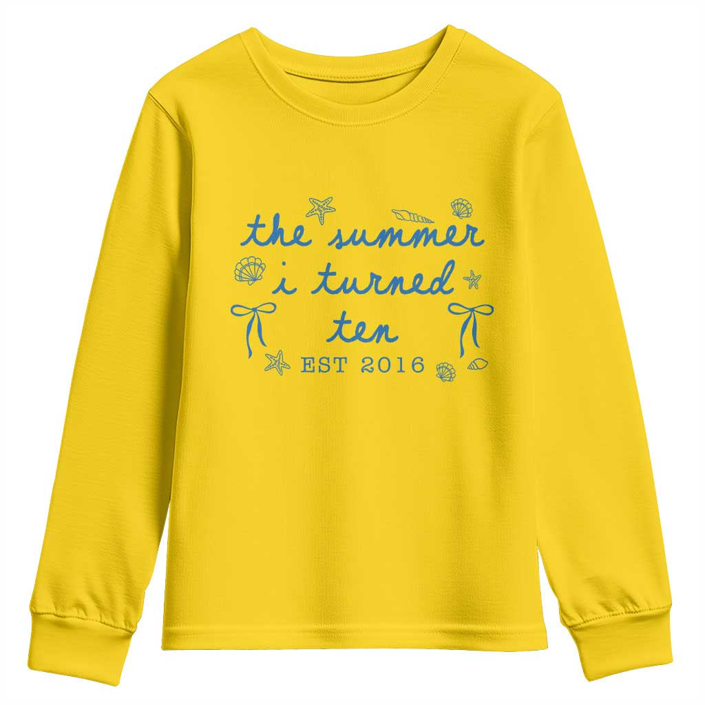 The Summer I Turned Ten Funny 10th Birthday Est 2016 Youth Sweatshirt Summer Coastal Birthday Seashell Bow