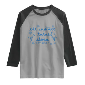 The Summer I Turned Eleven Funny 11th Birthday Est 2015 Raglan Shirt Summer Coastal Birthday Seashell Bow