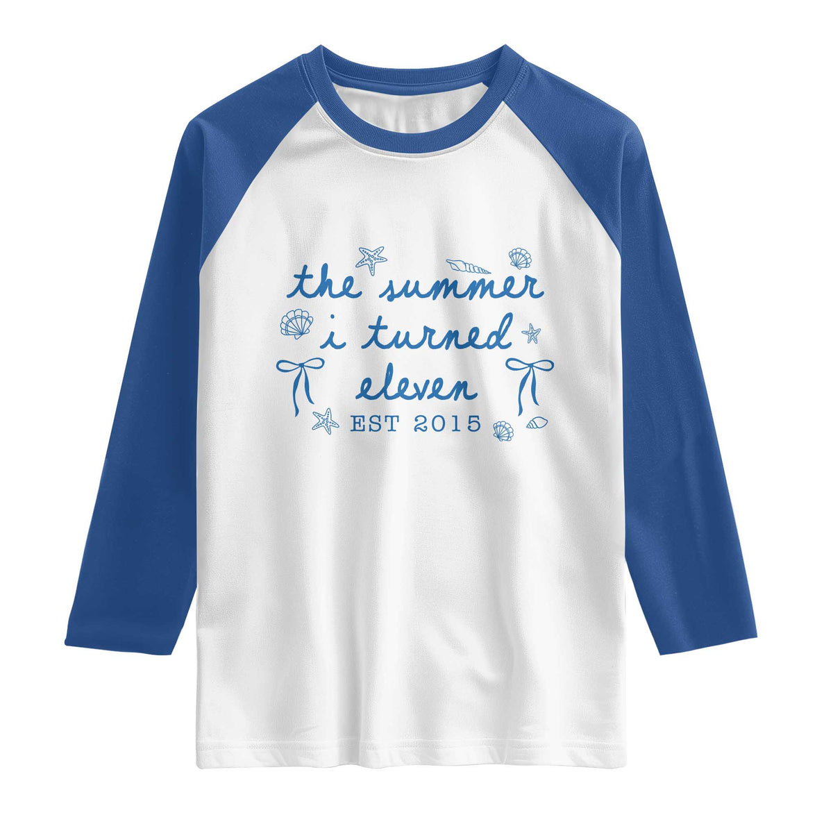 The Summer I Turned Eleven Funny 11th Birthday Est 2015 Raglan Shirt Summer Coastal Birthday Seashell Bow