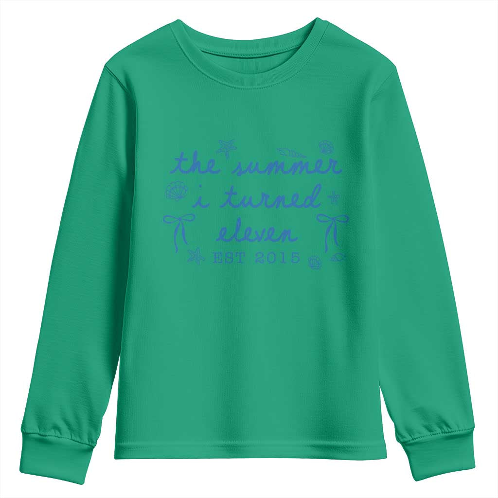 The Summer I Turned Eleven Funny 11th Birthday Est 2015 Youth Sweatshirt Summer Coastal Birthday Seashell Bow