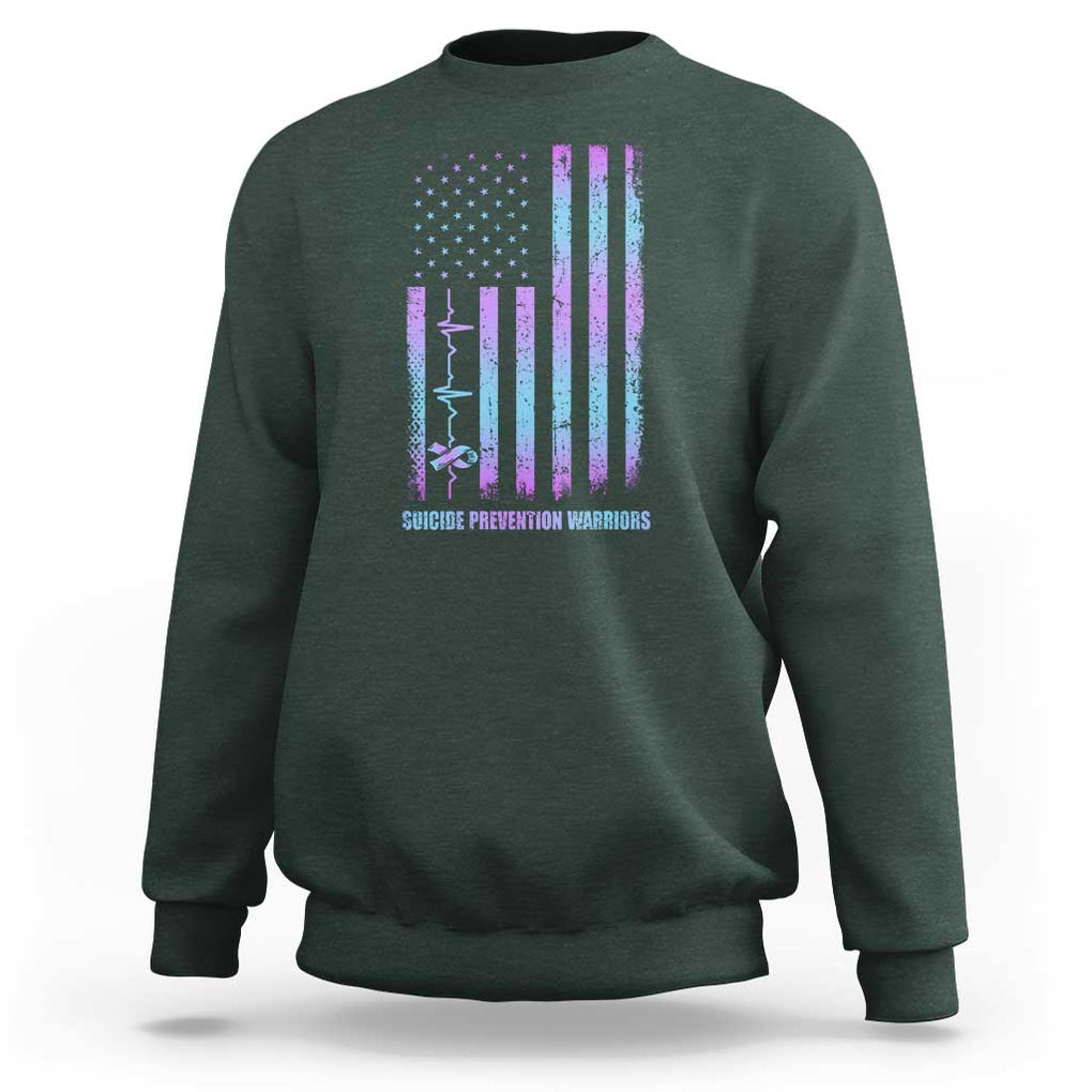 Suicide Prevention Warriors Sweatshirt Vintage American Flag Heartbeat Ribbon TS11 Dark Forest Green Print Your Wear