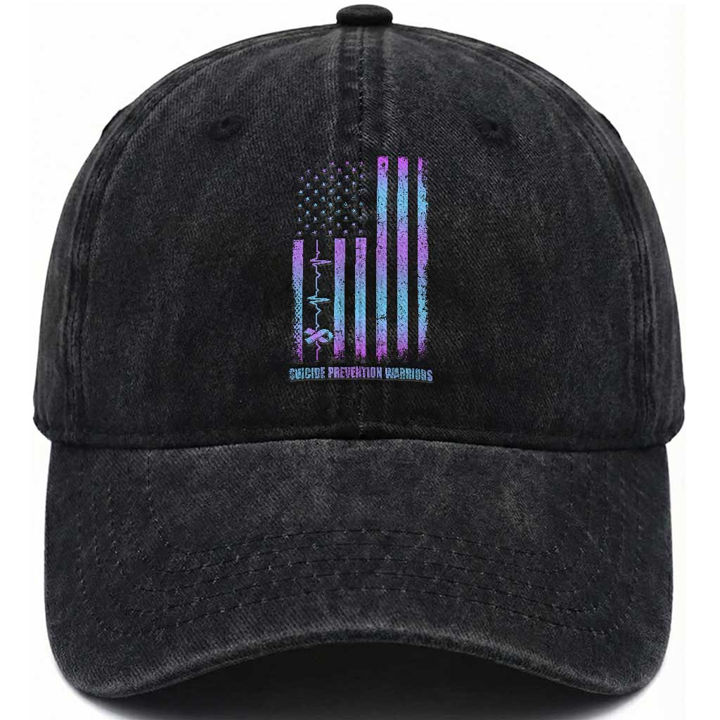 Suicide Prevention Warriors Washed Cotton Baseball Cap Vintage American Flag Heartbeat Ribbon