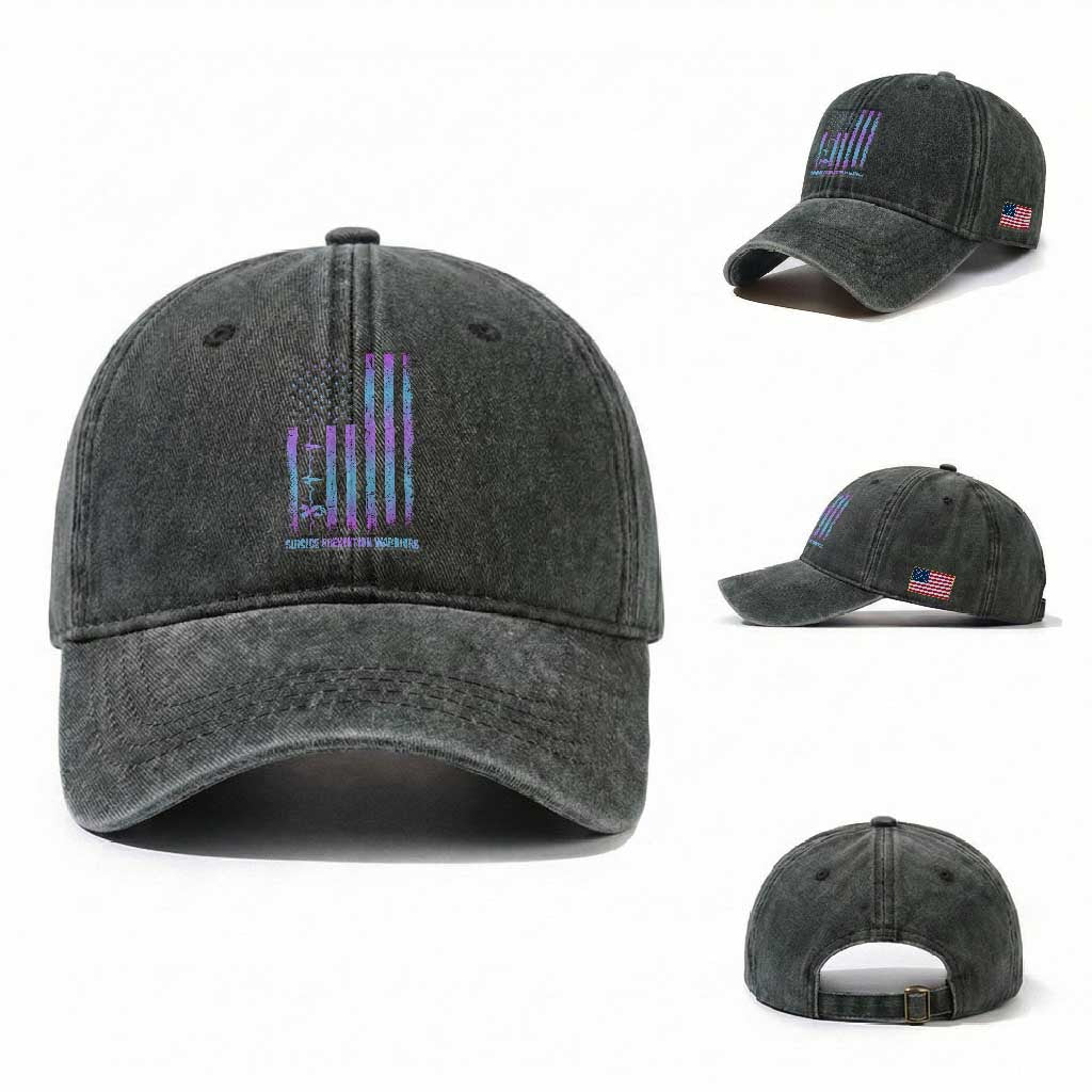 Suicide Prevention Warriors Washed Cotton Baseball Cap Vintage American Flag Heartbeat Ribbon