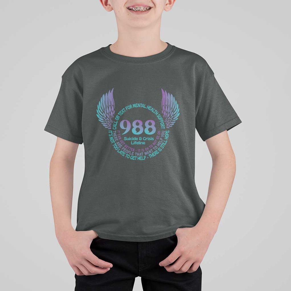Suicide Prevention Awareness T Shirt For Kid Call Or Text For Mental Health Support 988 Suicide And Crisis Lifeline Wings TS11 Dark Heather Print Your Wear