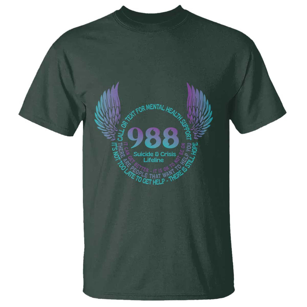 Suicide Prevention Awareness T Shirt Call Or Text For Mental Health Support 988 Suicide And Crisis Lifeline Wings TS11 Dark Forest Green Print Your Wear