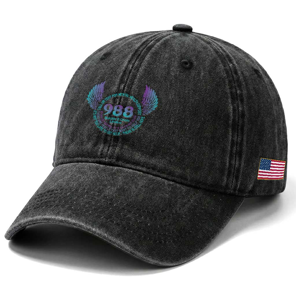 Suicide Prevention Awareness Washed Cotton Baseball Cap Call Or Text For Mental Health Support 988 Suicide And Crisis Lifeline Wings
