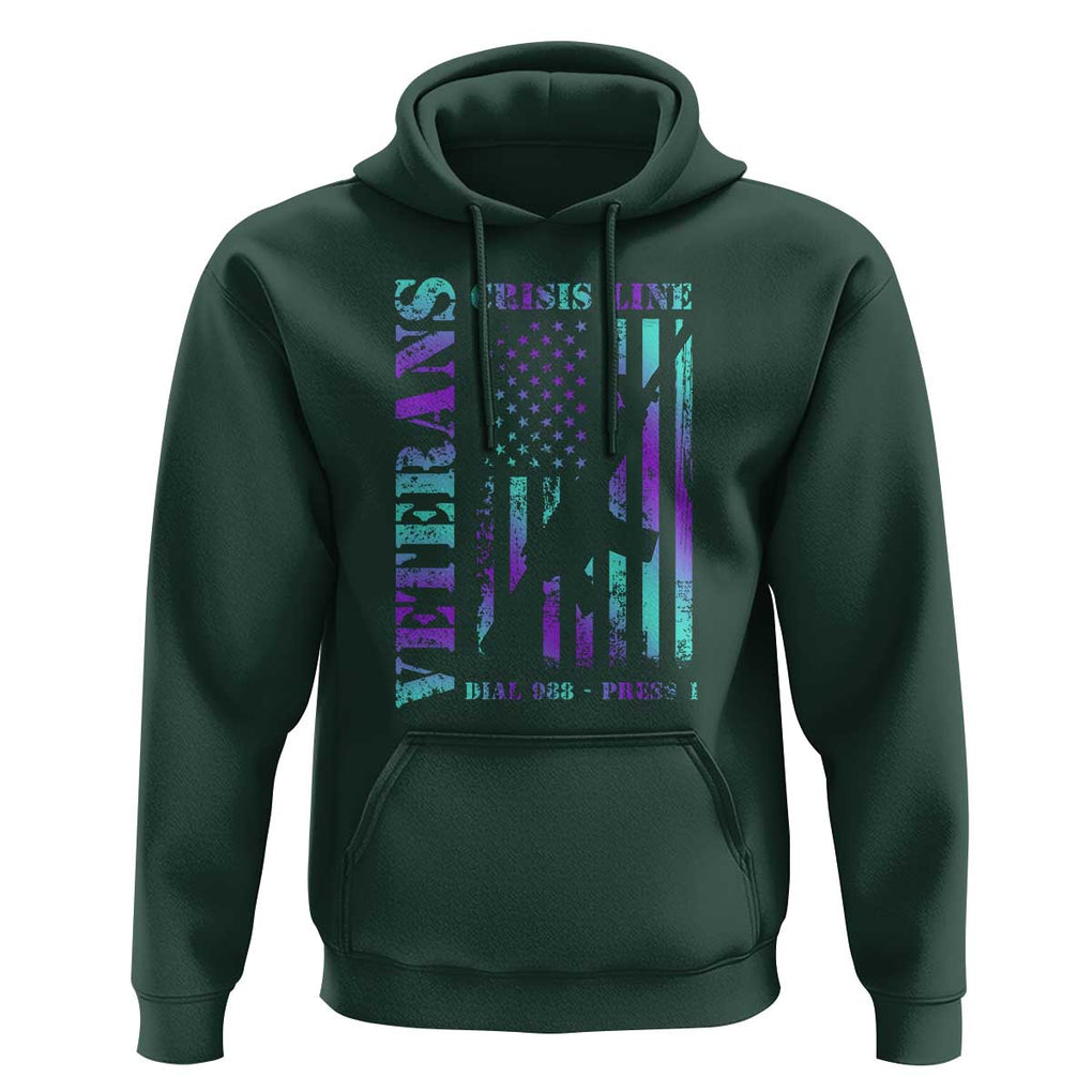 Suicide Prevention Awareness Hoodie Veterans Crisis Line Dial 988 Press 1 American Flag Gun TS11 Dark Forest Green Print Your Wear