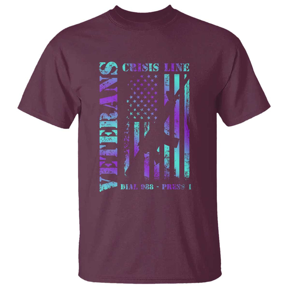 Suicide Prevention Awareness T Shirt Veterans Crisis Line Dial 988 Press 1 American Flag Gun TS11 Maroon Print Your Wear