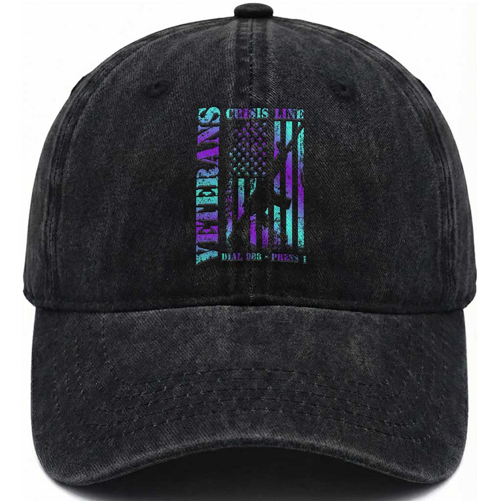 Suicide Prevention Awareness Washed Cotton Baseball Cap Veterans Crisis Line Dial 988 Press 1 American Flag Gun