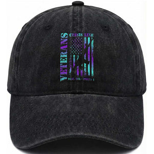 Suicide Prevention Awareness Washed Cotton Baseball Cap Veterans Crisis Line Dial 988 Press 1 American Flag Gun