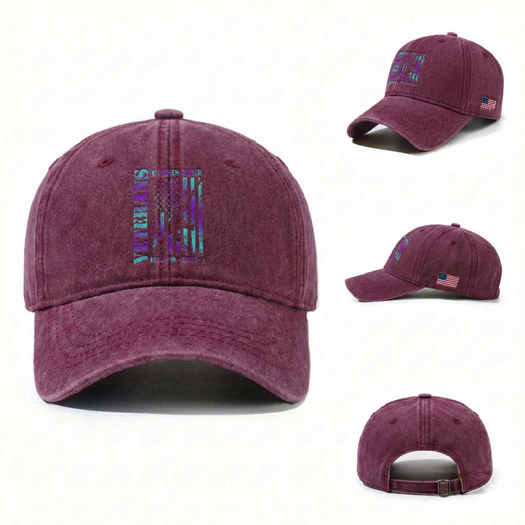 Suicide Prevention Awareness Washed Cotton Baseball Cap Veterans Crisis Line Dial 988 Press 1 American Flag Gun