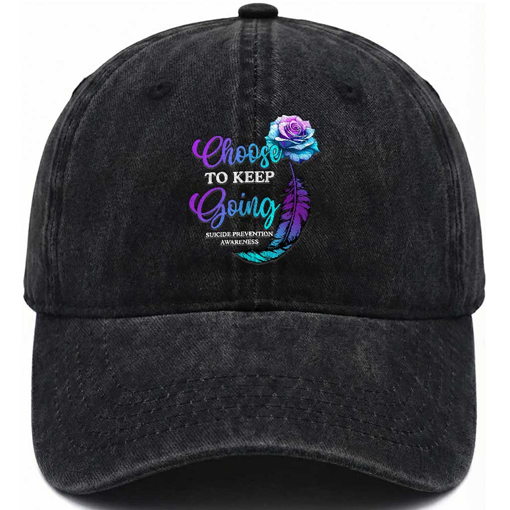 Suicide Prevention Awareness Washed Cotton Baseball Cap Choose To Keep Going Semicolon Rose Feather TS11 Print Your Wear