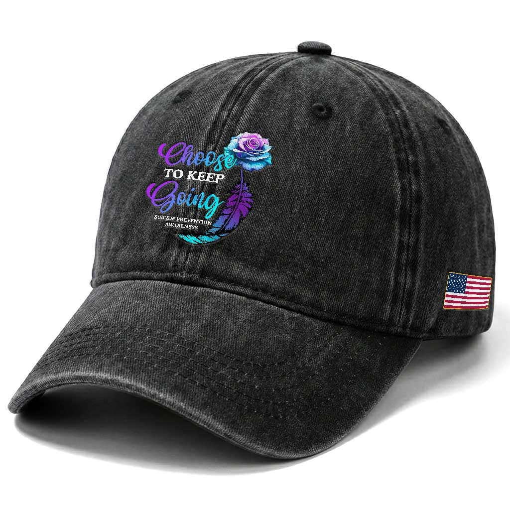 Suicide Prevention Awareness Washed Cotton Baseball Cap Choose To Keep Going Semicolon Rose Feather