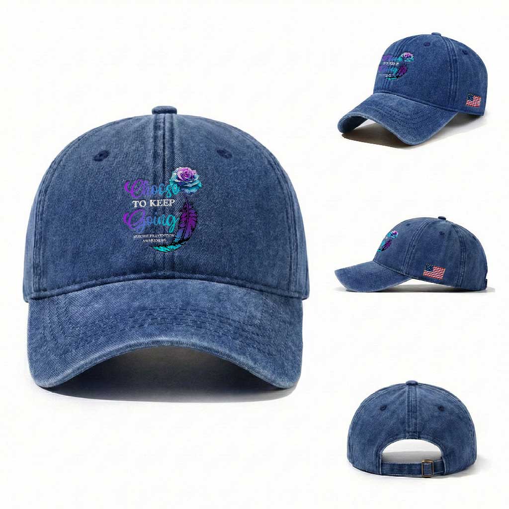 Suicide Prevention Awareness Washed Cotton Baseball Cap Choose To Keep Going Semicolon Rose Feather