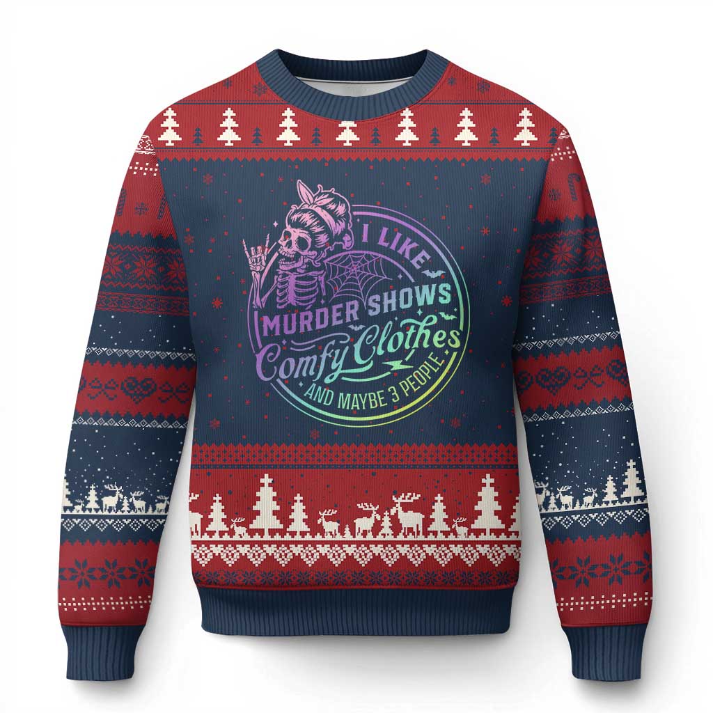 Funny I Like Murder Shows Comfy Clothes And Maybe 3 People Ugly Christmas Sweater Crime Show Lover TS11 Navy Red Print Your Wear