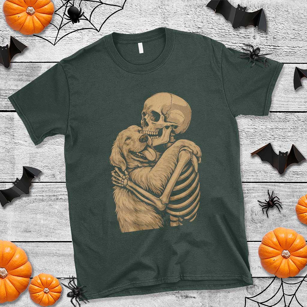Skeleton Hugging Dog Halloween Dog Lover T Shirt TS11 Dark Forest Green Print Your Wear