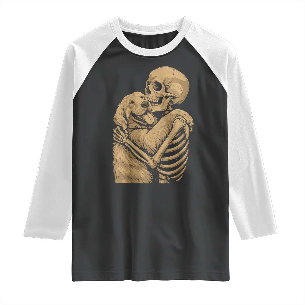 Skeleton Hugging Dog Halloween Dog Lover Raglan Shirt TS11 Black White Print Your Wear