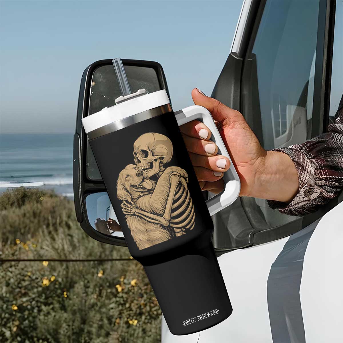 Skeleton Hugging Dog Halloween Dog Lover Tumbler With Handle TS11 Print Your Wear