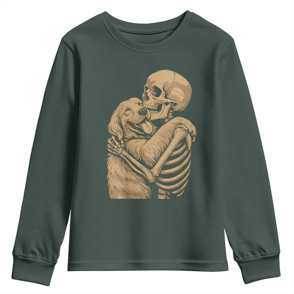Skeleton Hugging Dog Halloween Dog Lover Youth Sweatshirt TS11 Dark Forest Green Print Your Wear