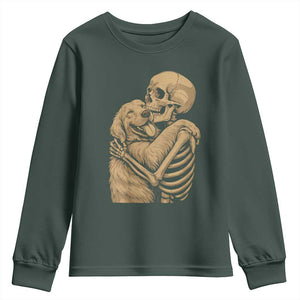 Skeleton Hugging Dog Halloween Dog Lover Youth Sweatshirt TS11 Dark Forest Green Print Your Wear