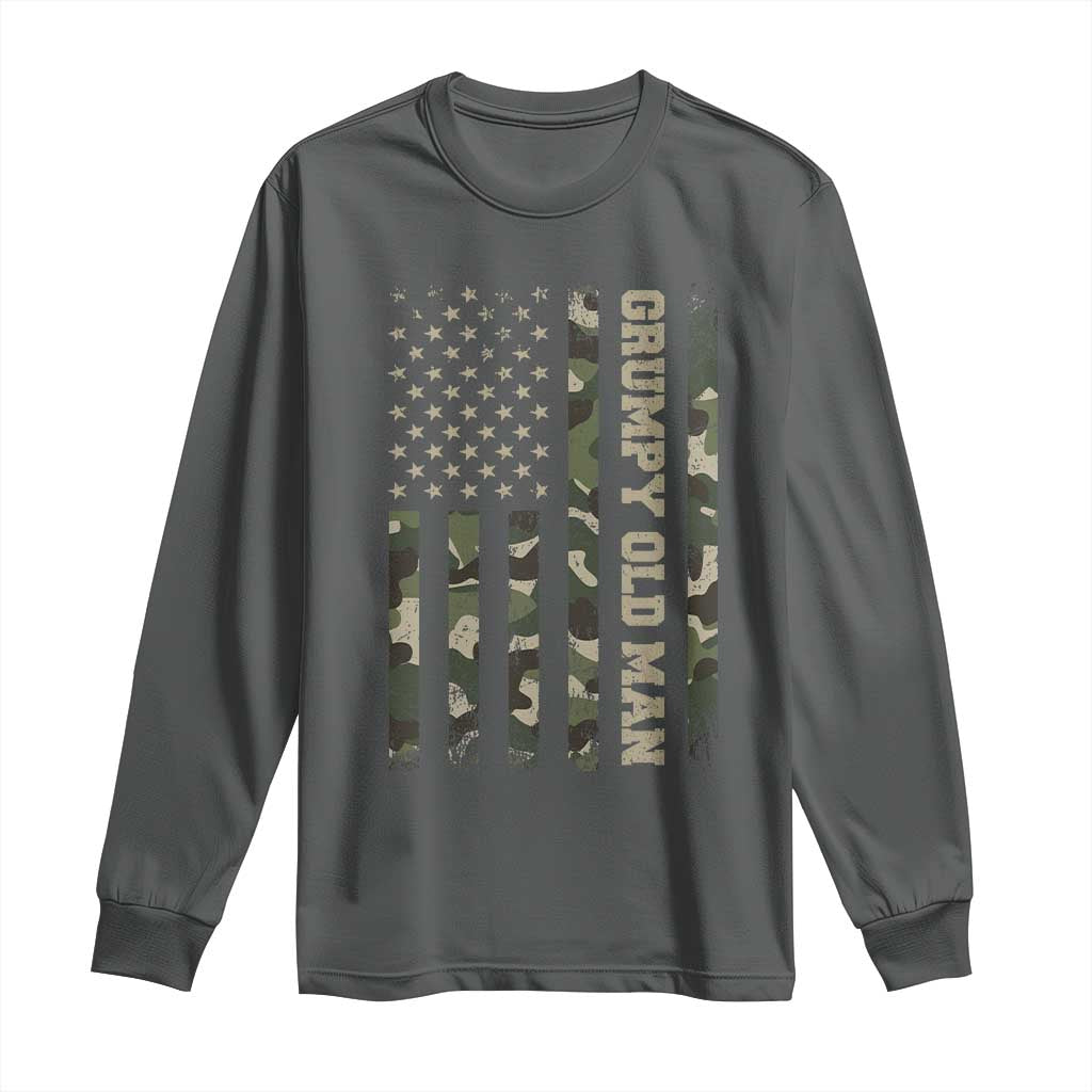 Funny Grumpy Old Man Long Sleeve Shirt Vintage Camo American Flag Fathers Day TS11 Dark Heather Print Your Wear
