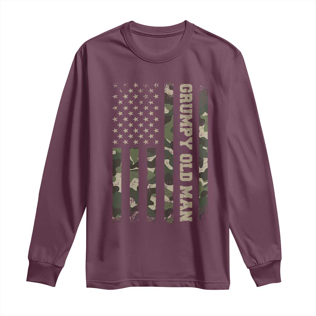 Funny Grumpy Old Man Long Sleeve Shirt Vintage Camo American Flag Fathers Day TS11 Maroon Print Your Wear