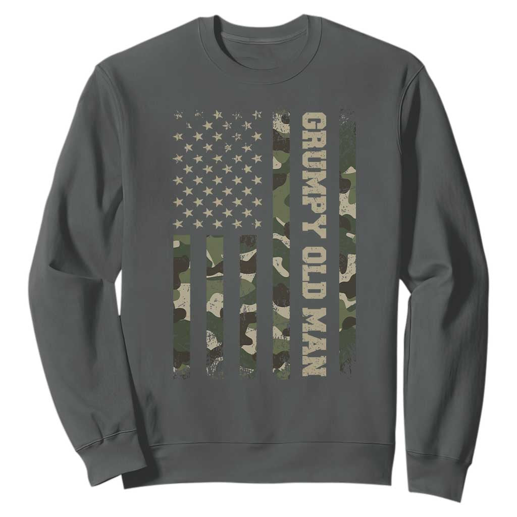 Funny Grumpy Old Man Sweatshirt Vintage Camo American Flag Fathers Day TS11 Dark Heather Print Your Wear