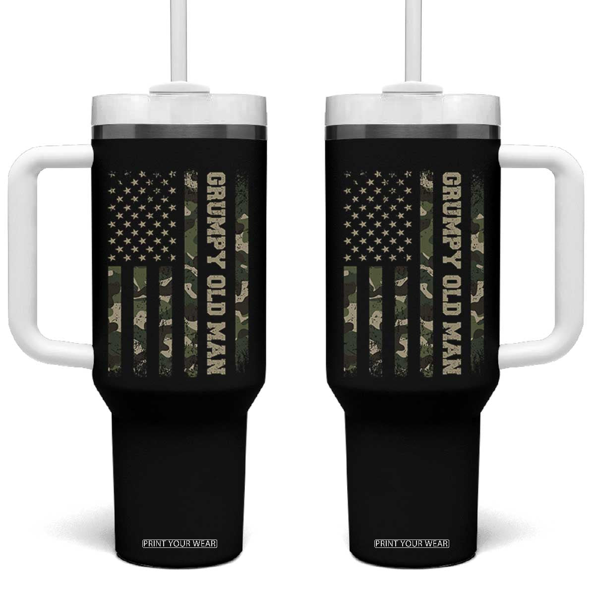 Funny Grumpy Old Man Tumbler With Handle Vintage Camo American Flag Fathers Day TS11 One Size: 40 oz Black Print Your Wear