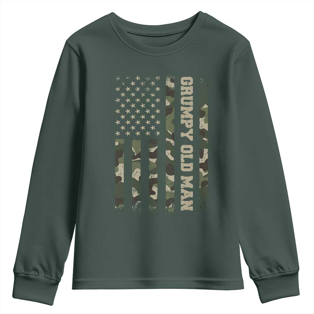 Funny Grumpy Old Man Youth Sweatshirt Vintage Camo American Flag Fathers Day TS11 Dark Forest Green Print Your Wear