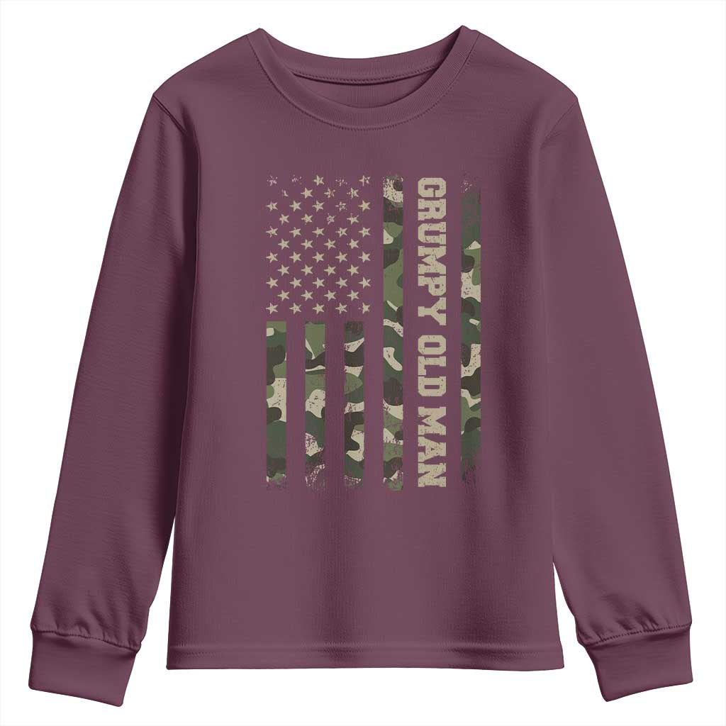 Funny Grumpy Old Man Youth Sweatshirt Vintage Camo American Flag Fathers Day TS11 Maroon Print Your Wear