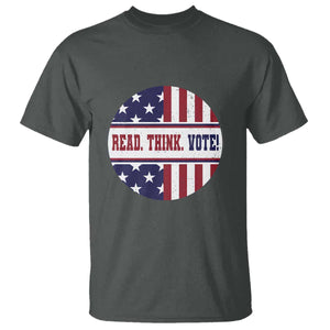 Read Think Vote T Shirt Presidential Election 2024 Vintage American Flag TS11 Dark Heather Print Your Wear