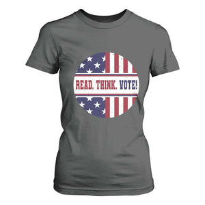 Read Think Vote T Shirt For Women Presidential Election 2024 Vintage American Flag TS11 Dark Heather Print Your Wear