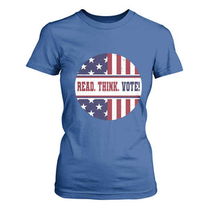 Read Think Vote T Shirt For Women Presidential Election 2024 Vintage American Flag TS11 Royal Blue Print Your Wear