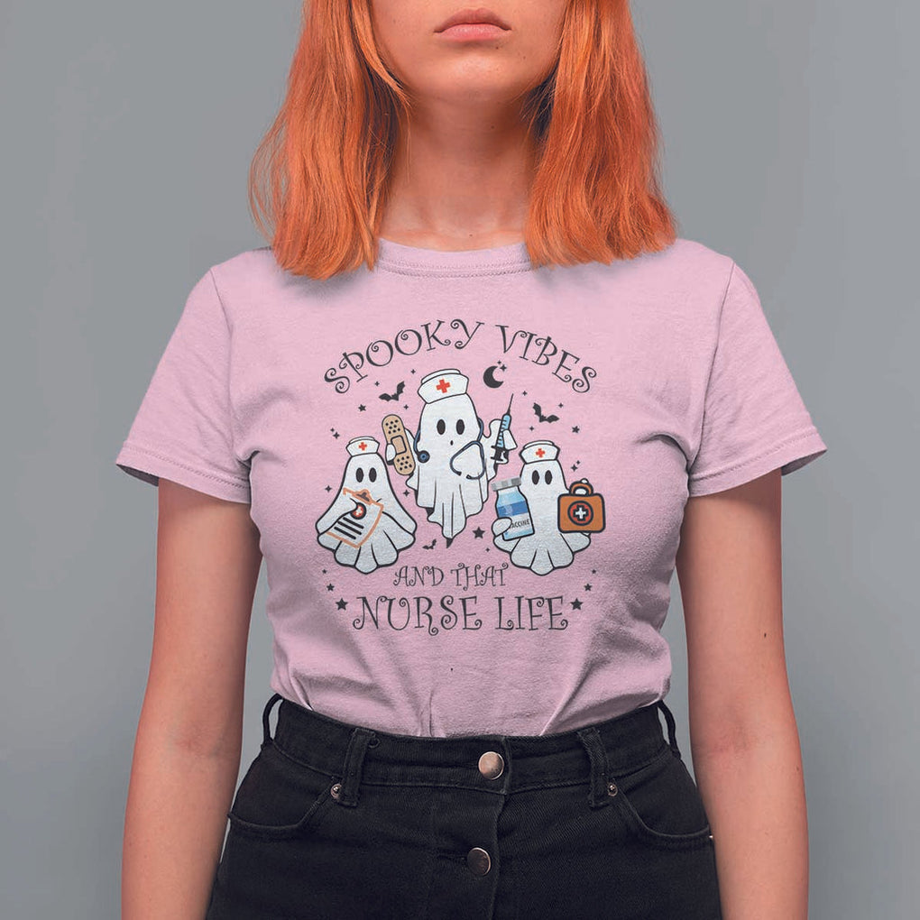 Halloween Nurse T Shirt For Women Spooky Vibes And That Nurse Life Ghost TS11 Light Pink Print Your Wear