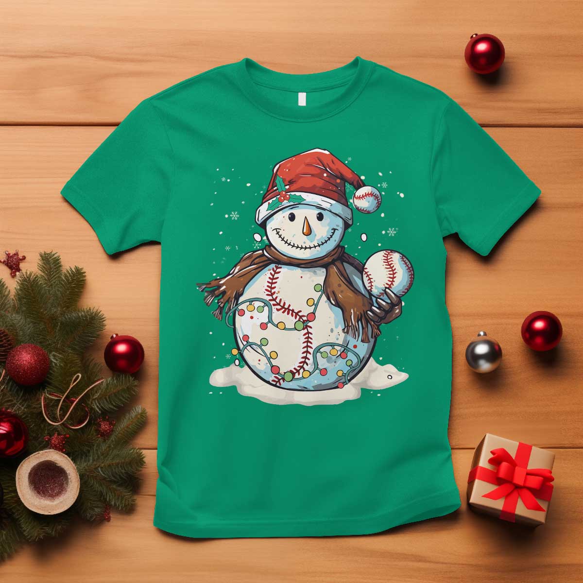 Funny Christmas Baseball T Shirt Cute Snowman Baseball Players Santa Hat TS11 Irish Green Print Your Wear