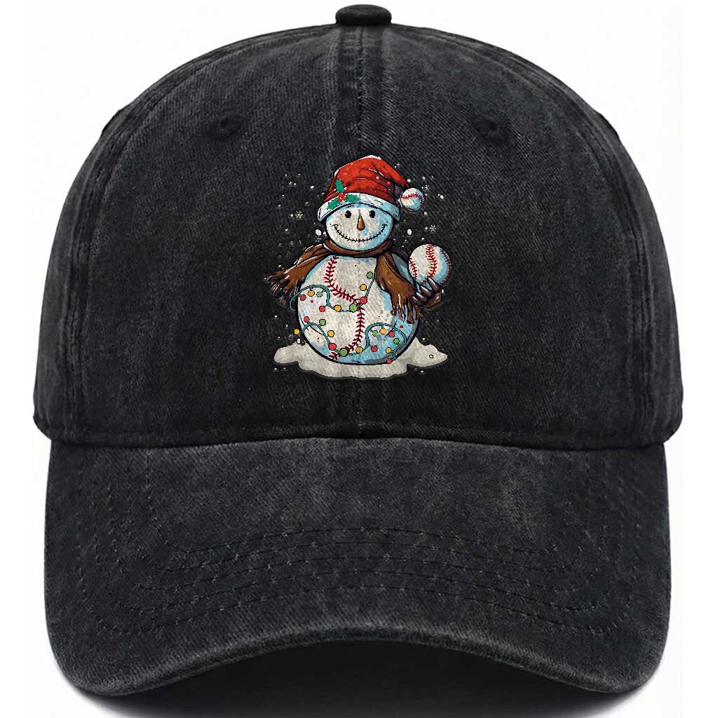 Funny Christmas Baseball Washed Cotton Baseball Cap Cute Snowman Baseball Players Santa Hat TS11 Washed Cap Universal Fit Black Print Your Wear