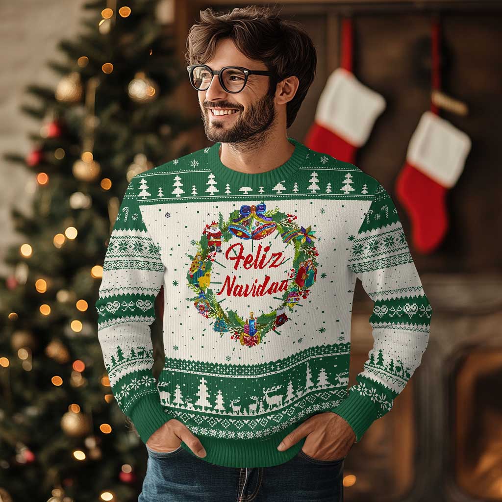 Xmas In Mexico Ugly Christmas Sweater Feliz Navidad Xmas Wreath TS11 Green Print Your Wear