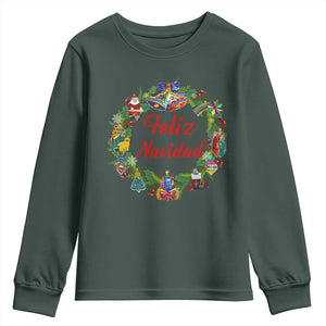 Christmas In Mexico Youth Sweatshirt Feliz Navidad Xmas Wreath TS11 Dark Forest Green Print Your Wear