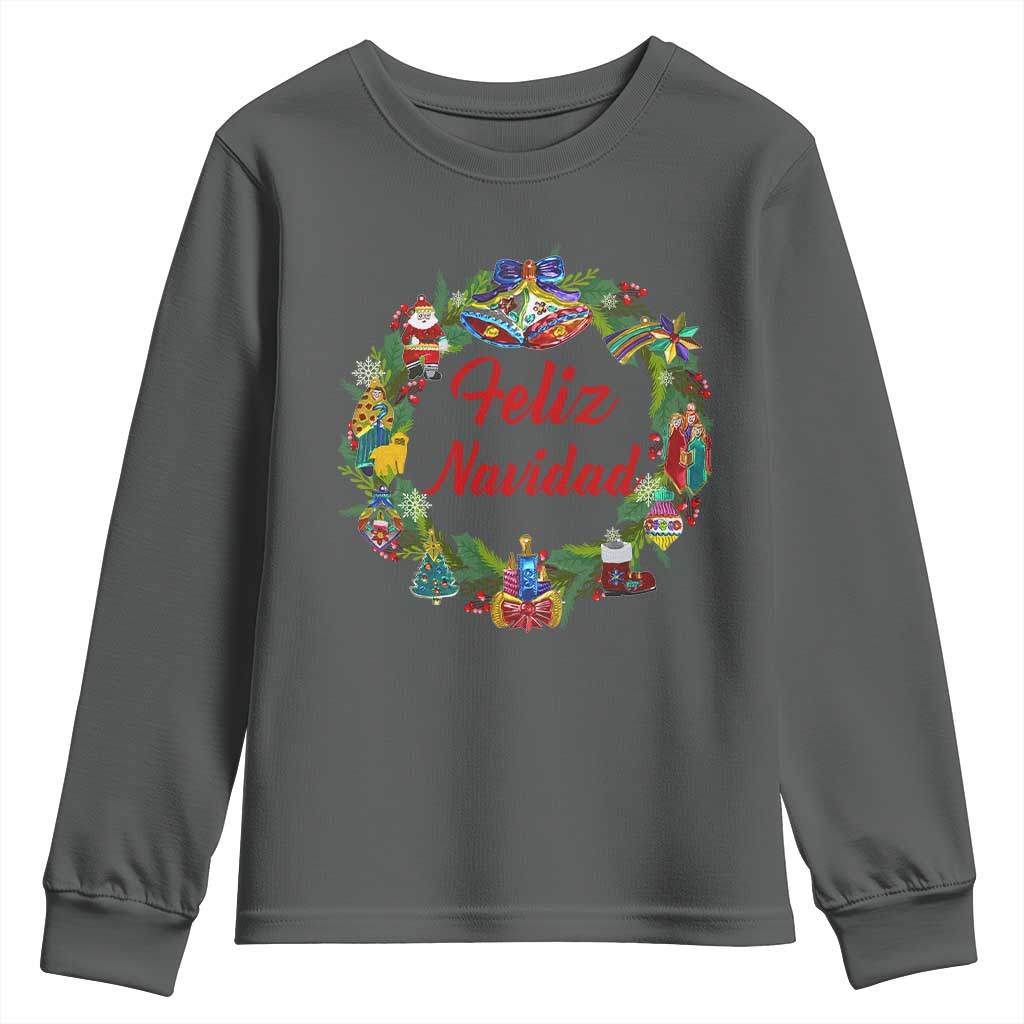 Christmas In Mexico Youth Sweatshirt Feliz Navidad Xmas Wreath TS11 Dark Heather Print Your Wear