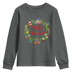 Christmas In Mexico Youth Sweatshirt Feliz Navidad Xmas Wreath TS11 Dark Heather Print Your Wear