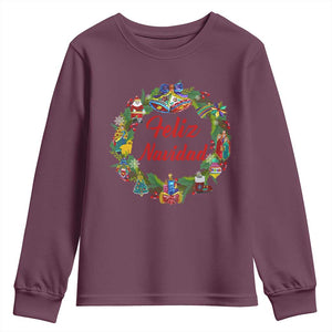 Christmas In Mexico Youth Sweatshirt Feliz Navidad Xmas Wreath TS11 Maroon Print Your Wear
