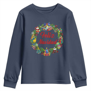 Christmas In Mexico Youth Sweatshirt Feliz Navidad Xmas Wreath TS11 Navy Print Your Wear
