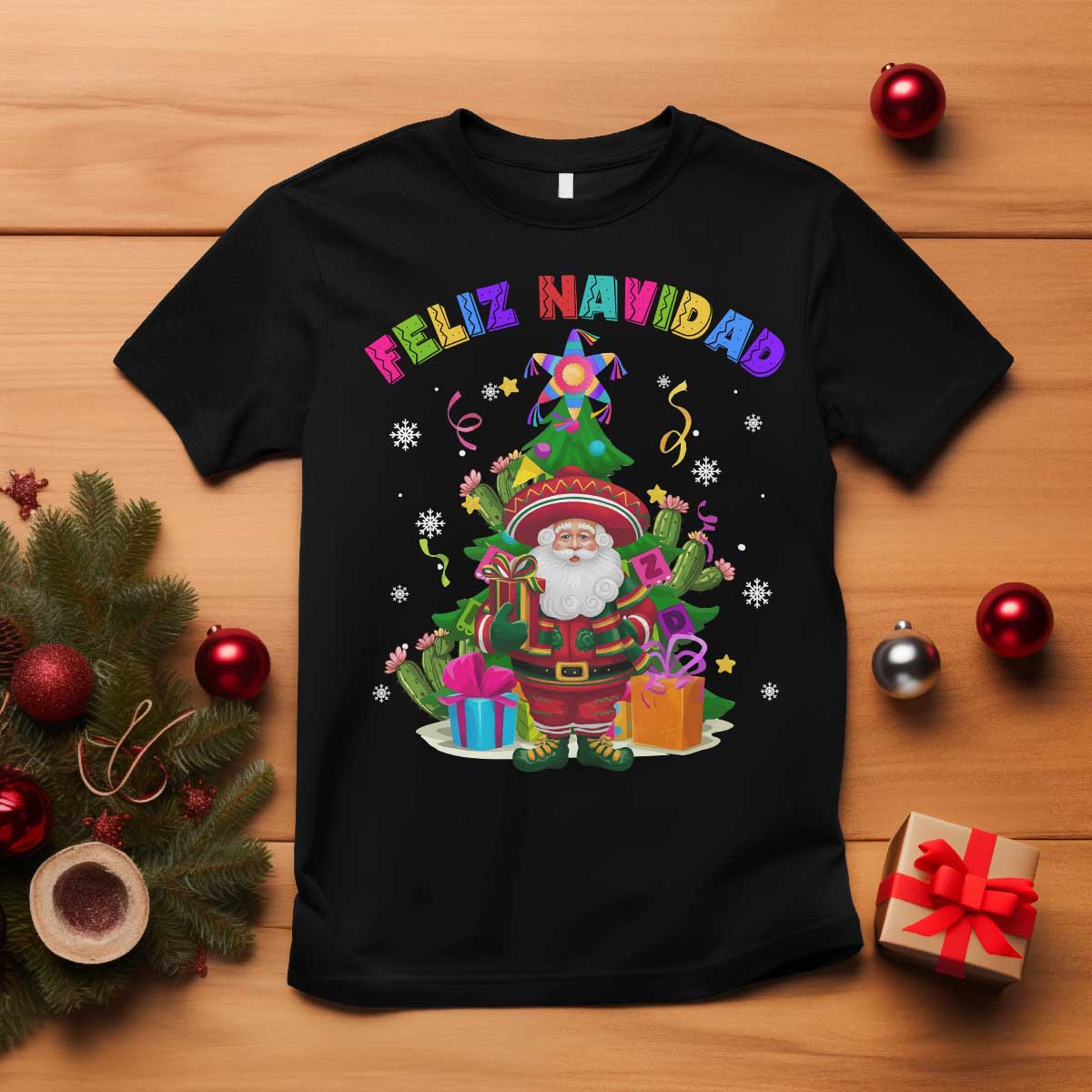 Funny Christmas In Mexico T Shirt Feliz Navidad Sombrero Santa Xmas Tree TS11 Black Print Your Wear