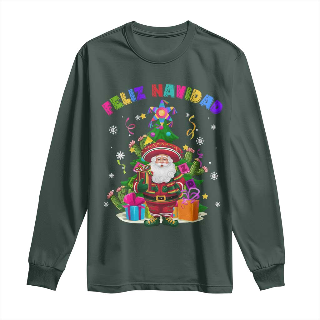 Funny Christmas In Mexico Long Sleeve Shirt Feliz Navidad Sombrero Santa Xmas Tree TS11 Dark Forest Green Print Your Wear