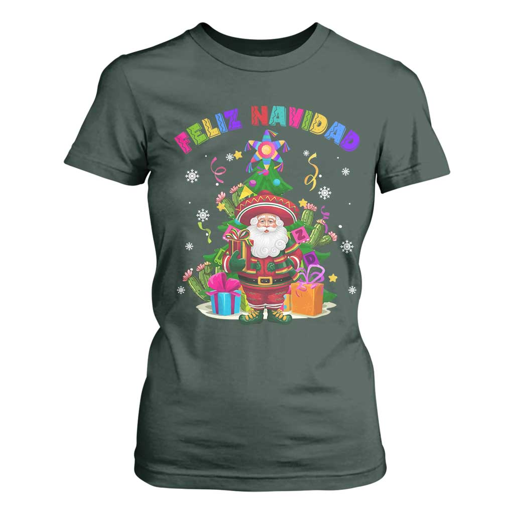 Funny Christmas In Mexico T Shirt For Women Feliz Navidad Sombrero Santa Xmas Tree TS11 Dark Forest Green Print Your Wear
