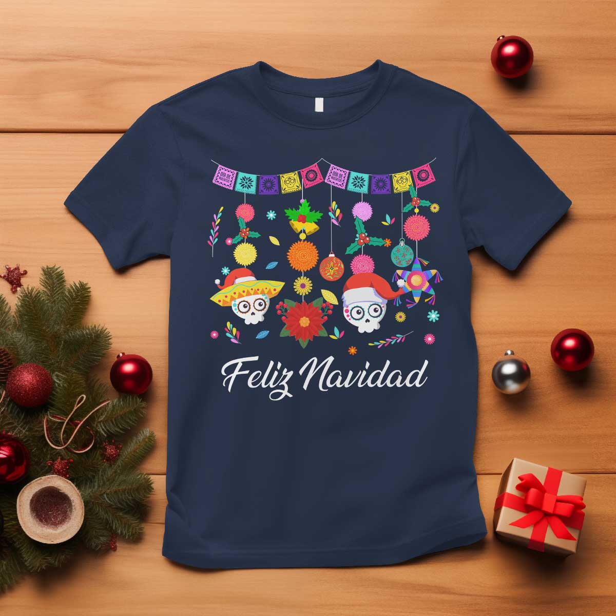 Feliz Navidad T Shirt Funny Christmas In Mexico Sugar Skull Pinata Star TS11 Navy Print Your Wear