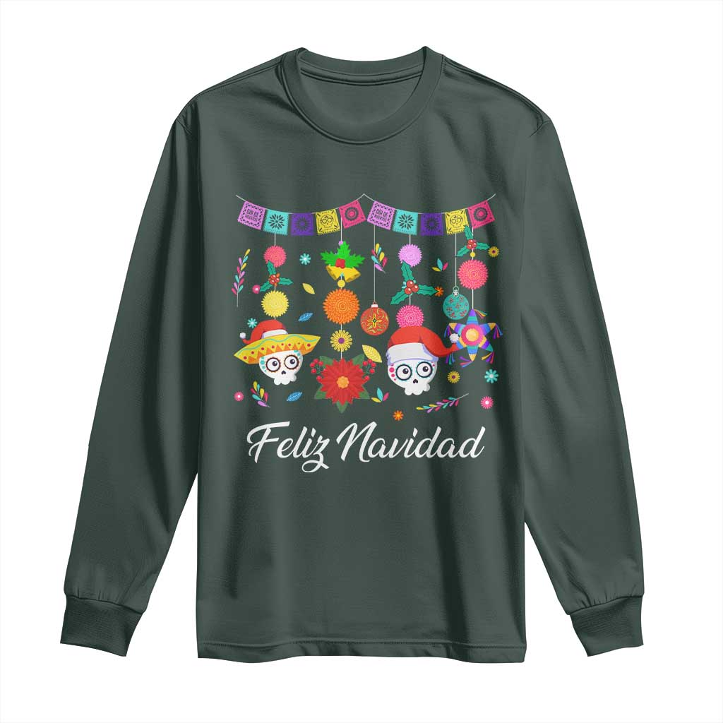 Feliz Navidad Long Sleeve Shirt Funny Christmas In Mexico Sugar Skull Pinata Star TS11 Dark Forest Green Print Your Wear