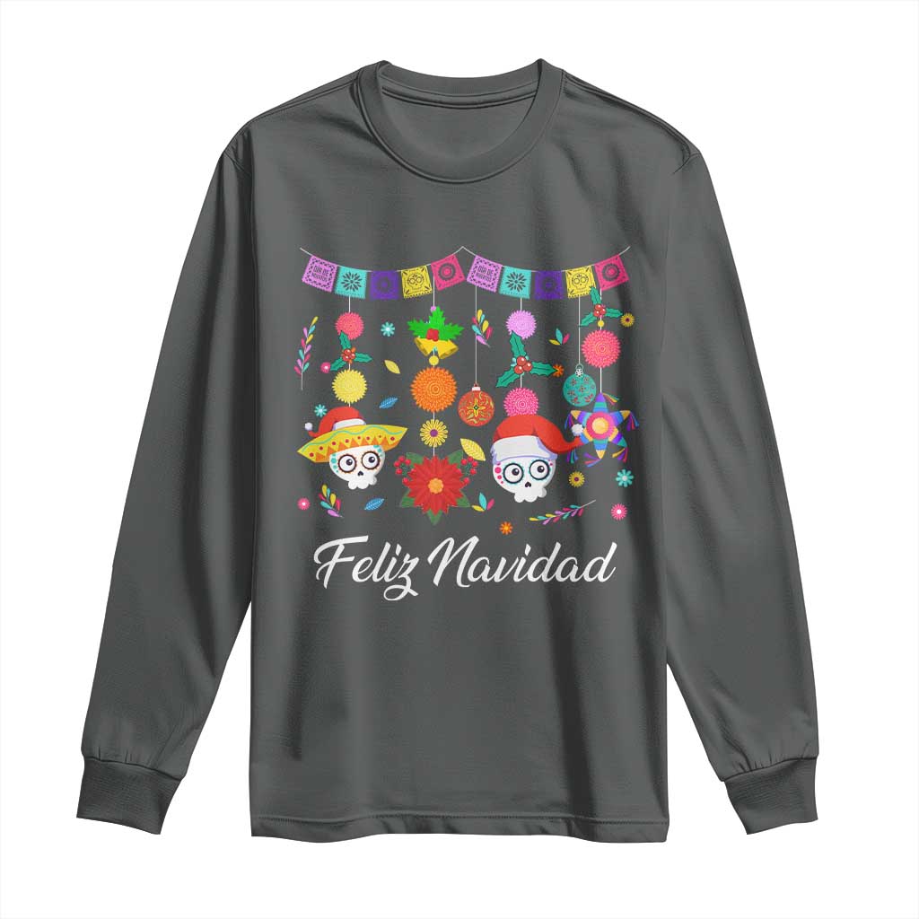 Feliz Navidad Long Sleeve Shirt Funny Christmas In Mexico Sugar Skull Pinata Star TS11 Dark Heather Print Your Wear
