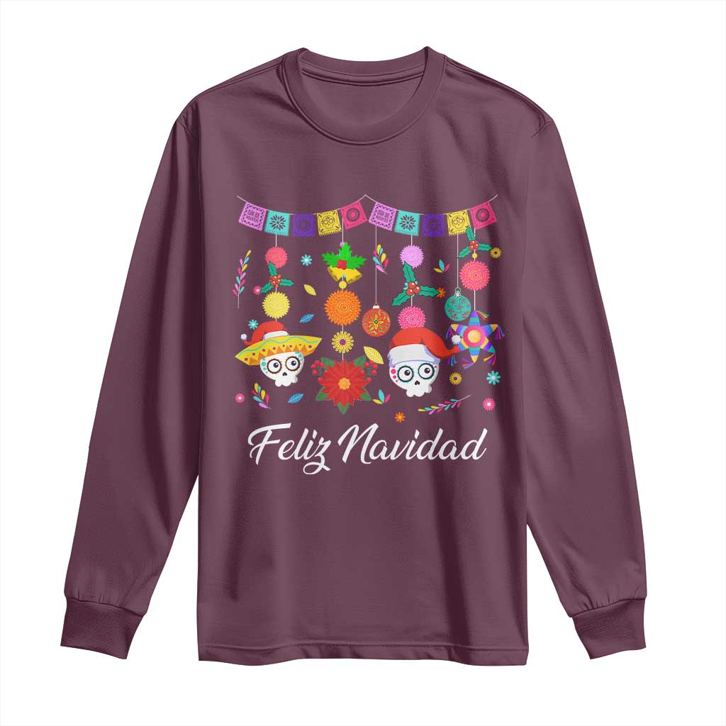 Feliz Navidad Long Sleeve Shirt Funny Christmas In Mexico Sugar Skull Pinata Star TS11 Maroon Print Your Wear